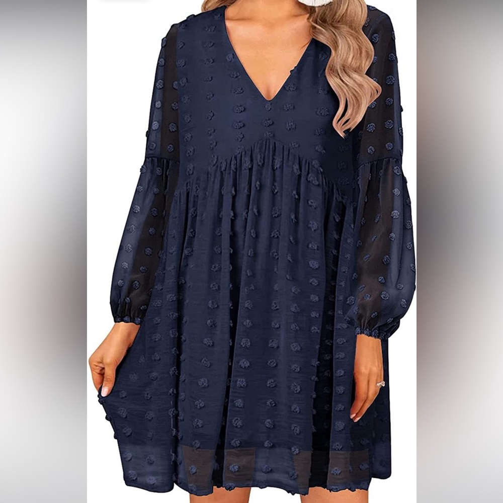 Women's V Neck Short Sleeve Ruffle Loose Summer Flowy Mini Dress in Navy XXL
